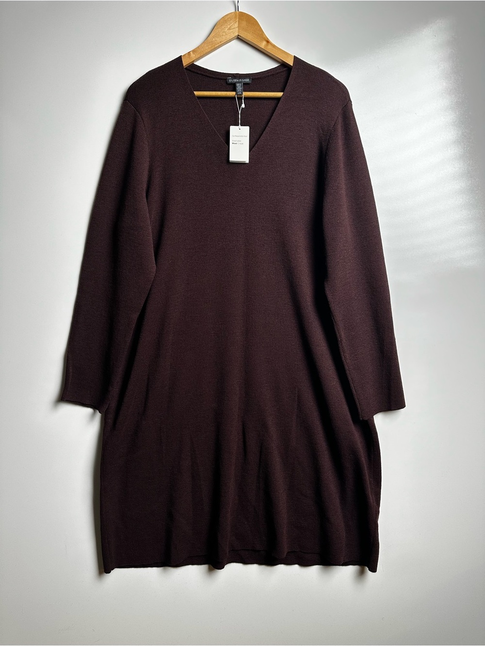 EILEEN FISHER | Casis Merino Wool Crepe V-Neck Midi Sweater Dress | LG